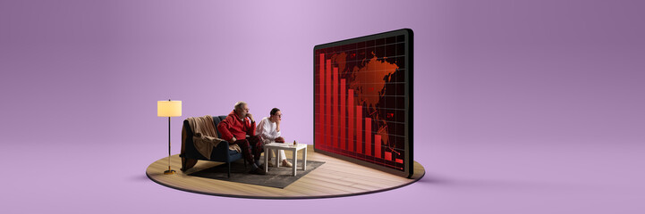 Elderly couple watches screen showing financial collapse data on red graph with world map. Composite image. Collage. Concept of economy, finance, global crisis, retirement, investment. 3D tablet