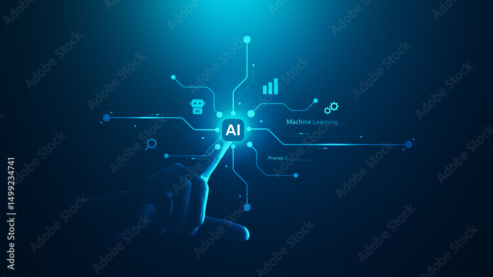 Poster ai hand touching artificial intelligence machine learning technology with digital data smart system.