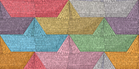 Folded paper boat mosaic art background, vector seamless pattern design in colors