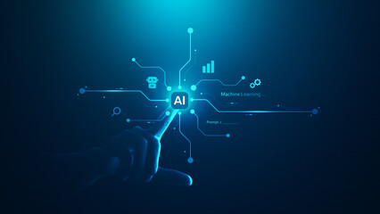 AI Hand Touching Artificial Intelligence Machine Learning Technology with Digital Data Smart System.