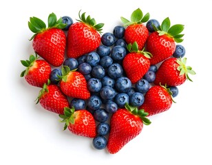 A heart-shaped arrangement of vibrant red strawberries and dark blue blueberries with green leaves against a white background