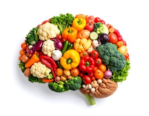 Colorful vegetables arranged in the shape of a brain on white. Represents healthy eating and cognitive function. Includes broccoli tomatoes peppers and more