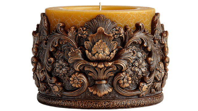 Decorative Candle Holder: A detailed shot of an ornate candle holder featuring an intricate design, housing a textured candle.