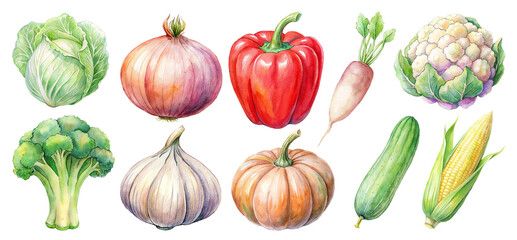 Watercolor Vegetable Set: Colorful Farm Fresh Garden Veggie including cabbage, onion, red pepper, radish, cauliflower, broccoli, garlic, pumpkin, cucumber, and corn png