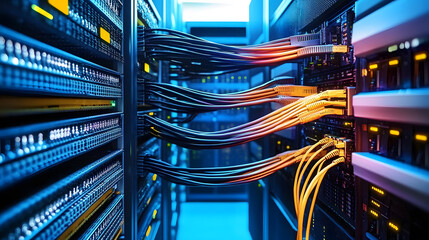 High Tech Server Room with Network Cables and Digital Data Connections : Generative AI