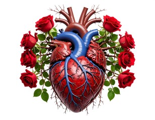 Realistic anatomical heart illustration surrounded by red roses and green leaves against a white background