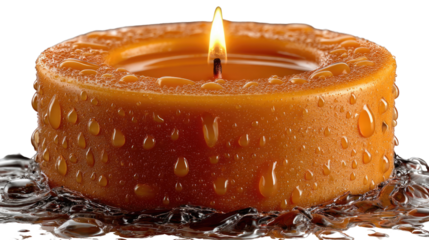 Warm Candlelight Glow: The warm candlelight glow of a round wax candle on water surface evokes peace, serenity, and a soft, comforting embrace.