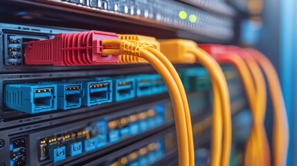 Network Patch Panel with Multiple Ethernet Cables Plugged In for Data Transmission