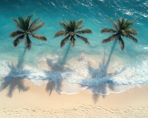 Aerial shot of three palm trees on a sandy beach with turquoise water. Great for travel brochures, summer ads and vacation themed projects.