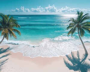 Turquoise ocean waves meet a white sand beach framed by palm trees. Perfect for travel ads, evoking relaxation, and dream vacations.