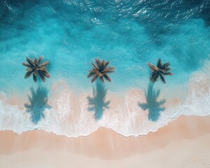 Aerial view of three palm trees casting shadows on a tropical beach. Use it for summer vacation, travel, or destination promotion visuals.