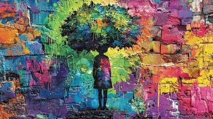 Colorful girl with tree-like head on vibrant wall art