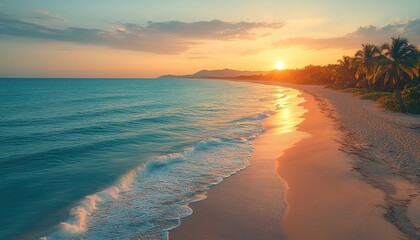 Tropical beach paradise with blue ocean and golden sunset. Showcases an idyllic scene for travel, relaxation, and escape.