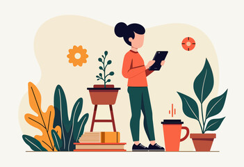 Minimal Vector Art of a Gender-Neutral Character Engaged with Enlarged Items—A Giant Phone, a Towering Plant, and a Massive Cup in a Playful Surreal Setting
