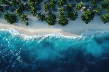 Turquoise ocean meets a white sandy beach with palms from an aerial view. Great for travel blog, promotional, or tropical themed presentation.