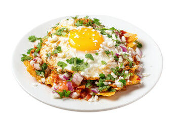 Delicious chilaquiles with fried egg, red onion, cilantro, and queso fresco on a white plate Traditional Mexican breakfast concept