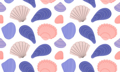 Seamless pattern Sea shells. Ocean exotic underwater seashells background. Hand drawn vector illustration 