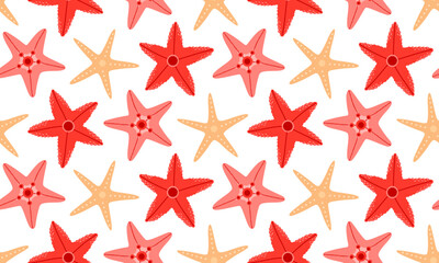 Obraz premium Seamless pattern Sea starfish. Ocean exotic underwater background. Hand drawn vector illustration