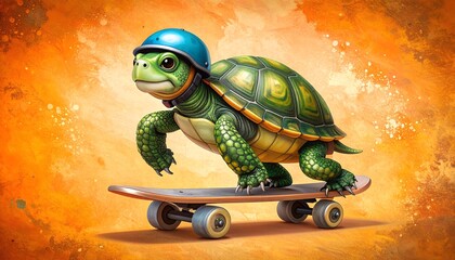 A cheerful green turtle, wearing a blue helmet, confidently rides a skateboard against a vibrant orange background