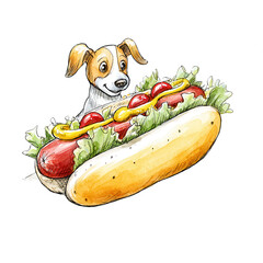 A cute dog looks longingly at a delicious hot dog with mustard and ketchup.