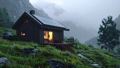 A cozy cabin sits nestled into a hillside, surrounded by verdant foliage, with a backdrop of towering mountains obscured by misty clouds