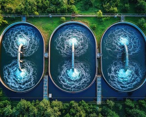 Aerial view shows circular water tanks at a water treatment facility. Illustrates sustainable water management and essential infrastructure.