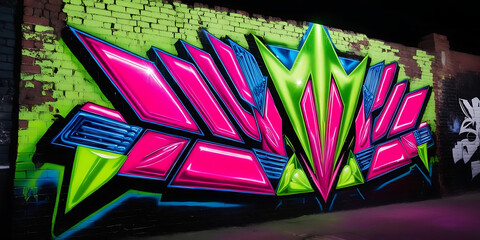 Neon Geometric Mural on Urban Brick Wall