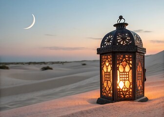 Elegant Crescent Moon and Lantern with Candlelight – Islamic Themed Night Scene