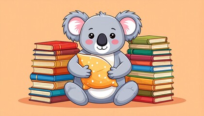 A cute koala sits amidst stacks of books, clutching a small pillow.  The scene is simple, colorful, and evokes a feeling of comfort and learning