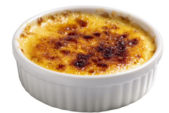 Delicious creme brulee in a white ramekin with caramelized sugar crust, a classic French dessert on a transparent background vector