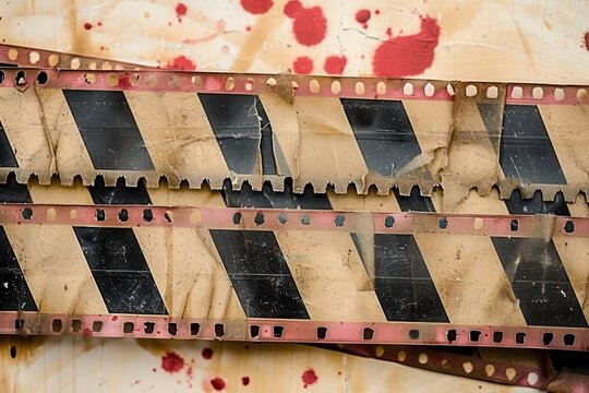 Zniszczona taśma filmowa z plamami krwi
