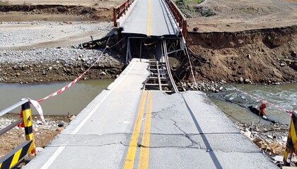 A damaged bridge shows a road section that's collapsed, with a river flowing underneath. The surrounding terrain is eroded