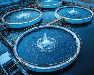 Aerial view shows water treatment plant with circular tanks and water fountains. Depicts wastewater management, environmental conservation, and industrial infrastructure.