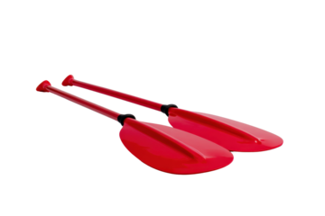 Two vibrant red kayak paddles isolated on a black background, showcasing water sports equipment for canoeing and recreational boating