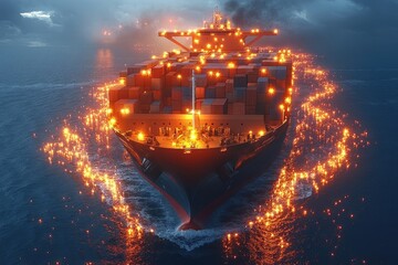 Large container ship sails at night on ocean with spark. Use to visualize global trade and logistical challenges.