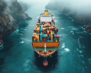 Cargo ship sailing between rocky cliffs in misty sea canal. Perfect for illustrating global trade, shipping industry, logistics.