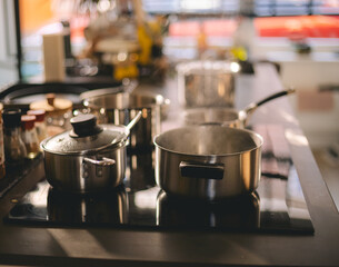 Stainless steel pots on the electrical stove in the home kitchen. Cooking at home dinner lunch or breakfast. 