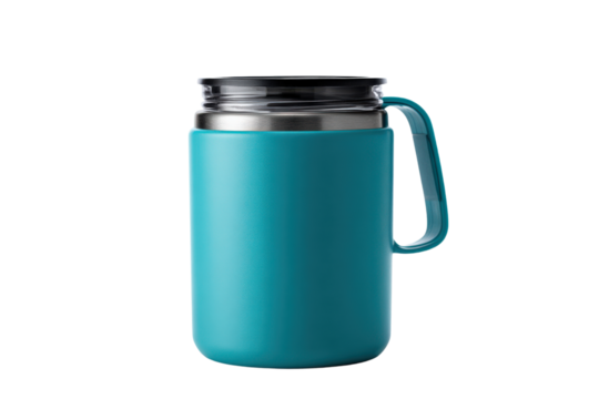 Teal insulated mug with handle and lid on black background Reusable travel mug for hot and cold drinks Concept of sustainability, zero waste, and ecofriendly lifestyle