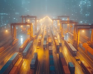 Freight containers are at a distribution warehouse with heavy machinery. This illustrates global trade, shipping, and import or export businesses.