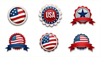 Collection of american flag emblems with ribbons.