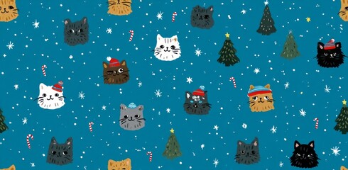 Festive winter cat heads pattern on a teal background.