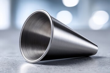 An artistic close-up shot of a megaphone, showcasing its sleek brushed metal texture, and modern design against a blurred, minimalist background with a bright and smooth surface.