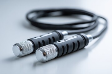 A close-up shot showcases a black jump rope with textured silver handles on a white background, highlighting the equipment's design and its role in fitness.