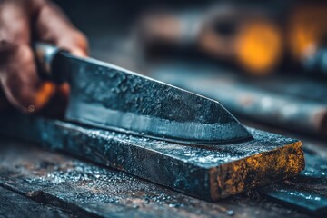 Close-up of a knife being sharpened on a wet whetstone, showing the intricate process, precision, and skill involved in maintaining a sharp blade for culinary or craft purposes.