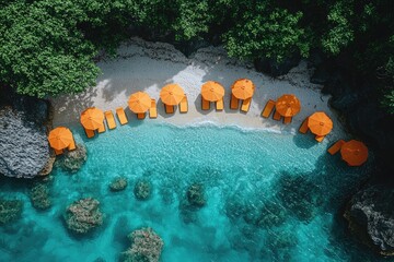 Aerial view: turquoise sea, orange umbrellas, white beach, green trees. Ideal for travel blogs, summer vacation, and luxury destination ads.