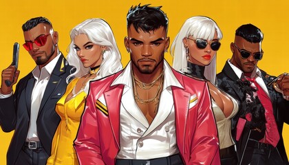 Stylizowana grupa postaci w modnych ubraniach