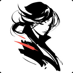 Elegant Woman Portrait in Black Ink Brush Style. Flat Vector Illustration on the white background. 
Stylish vector illustration of a woman's portrait in black and red ink brush style. Vector EPS 10