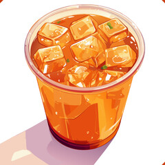 Iced Thai tea with ice cubes in plastic cup, refreshing summer drink, colorful vector illustration. 
Flat vector Illustration of beverage on white background