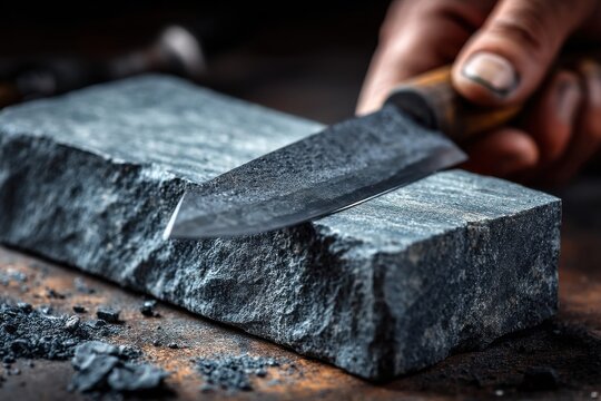 Close-up view of a dark knife being sharpened with a grey whetstone block for enhanced cutting performance and edge durability and sharp bladed tool maintenance.
