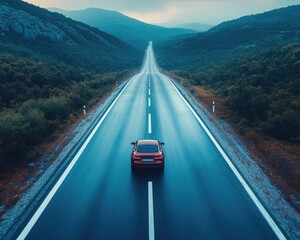 Red car drives on straight road, between forested hills under a cloudy sky. Depicts travel, transportation, adventure, or the open road concept.